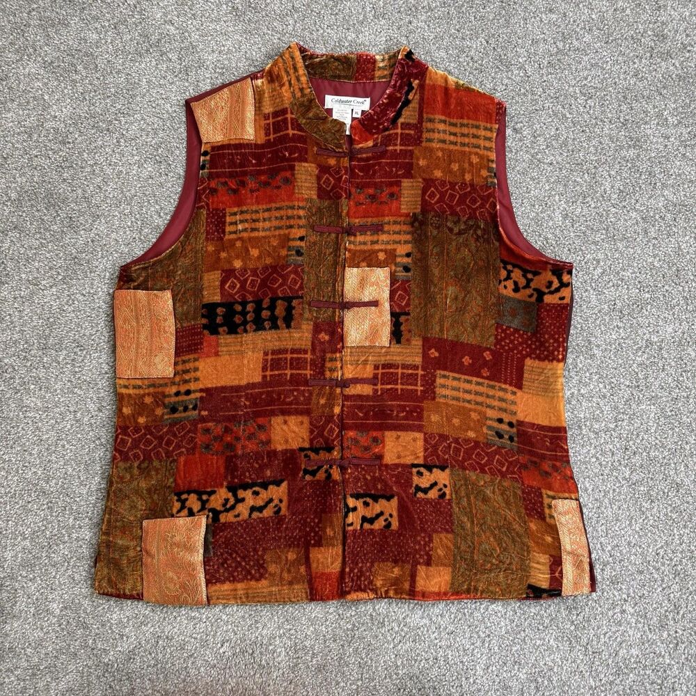 Coldwater Creek Vest Womens XL Red Velvet Patchwork Quilted Toggle Boho Art Silk